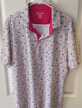 Good Goods White Micro-Print Short Sleeve Polo with Pink Contrast